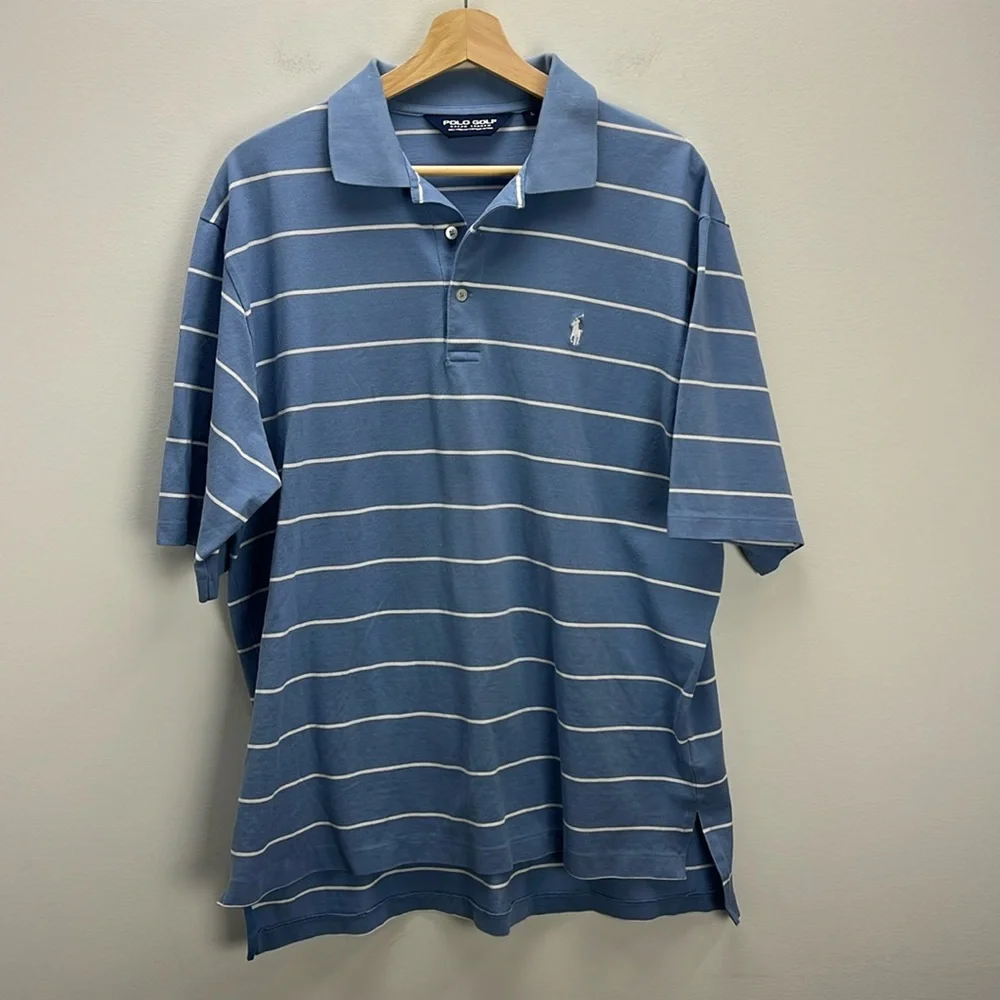 Ralph Lauren Polo Golf Shirt Blue White Stripe Pima Cotton Mens Large Preppy